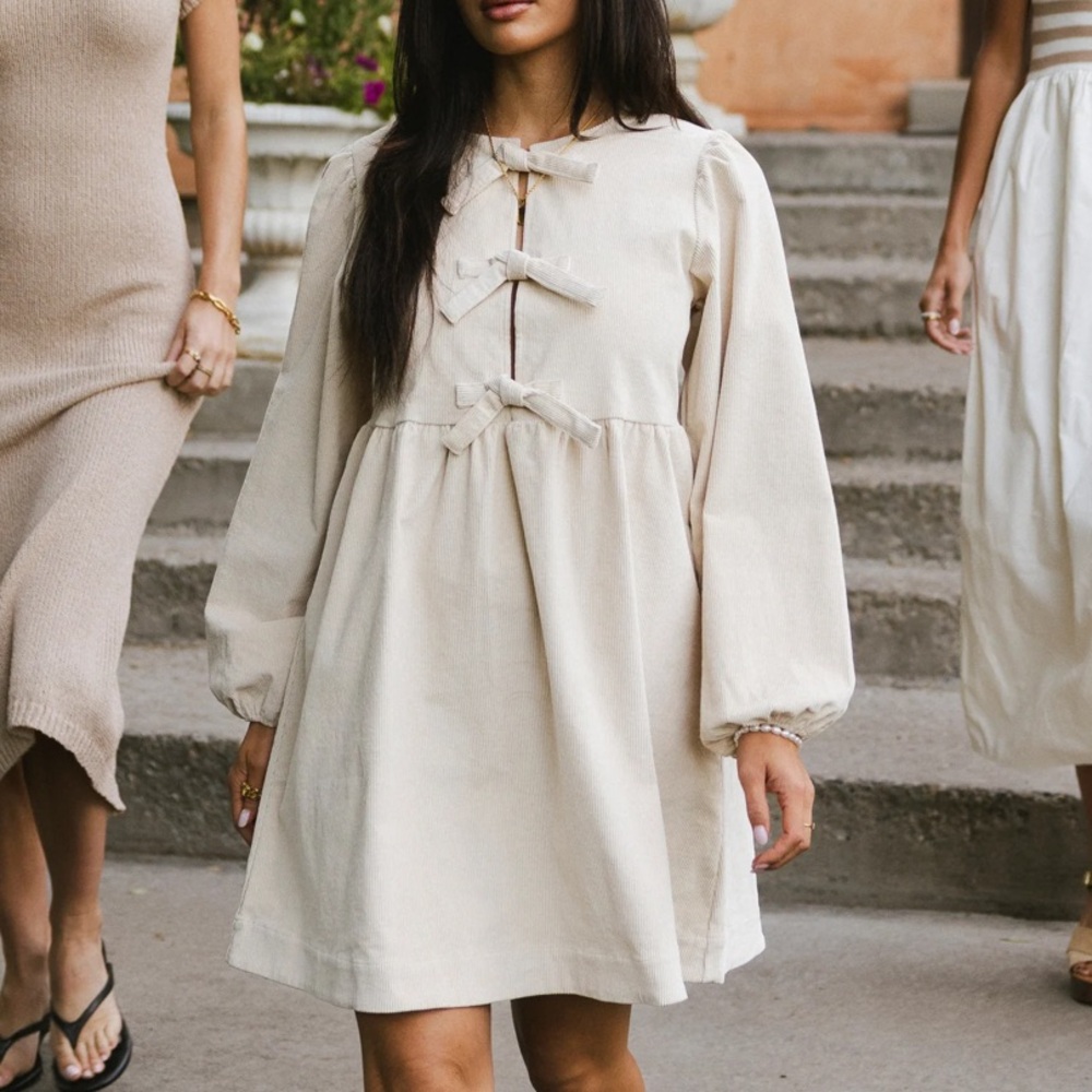 Tyler Peplum Mini Dress in Ivory Corduroy